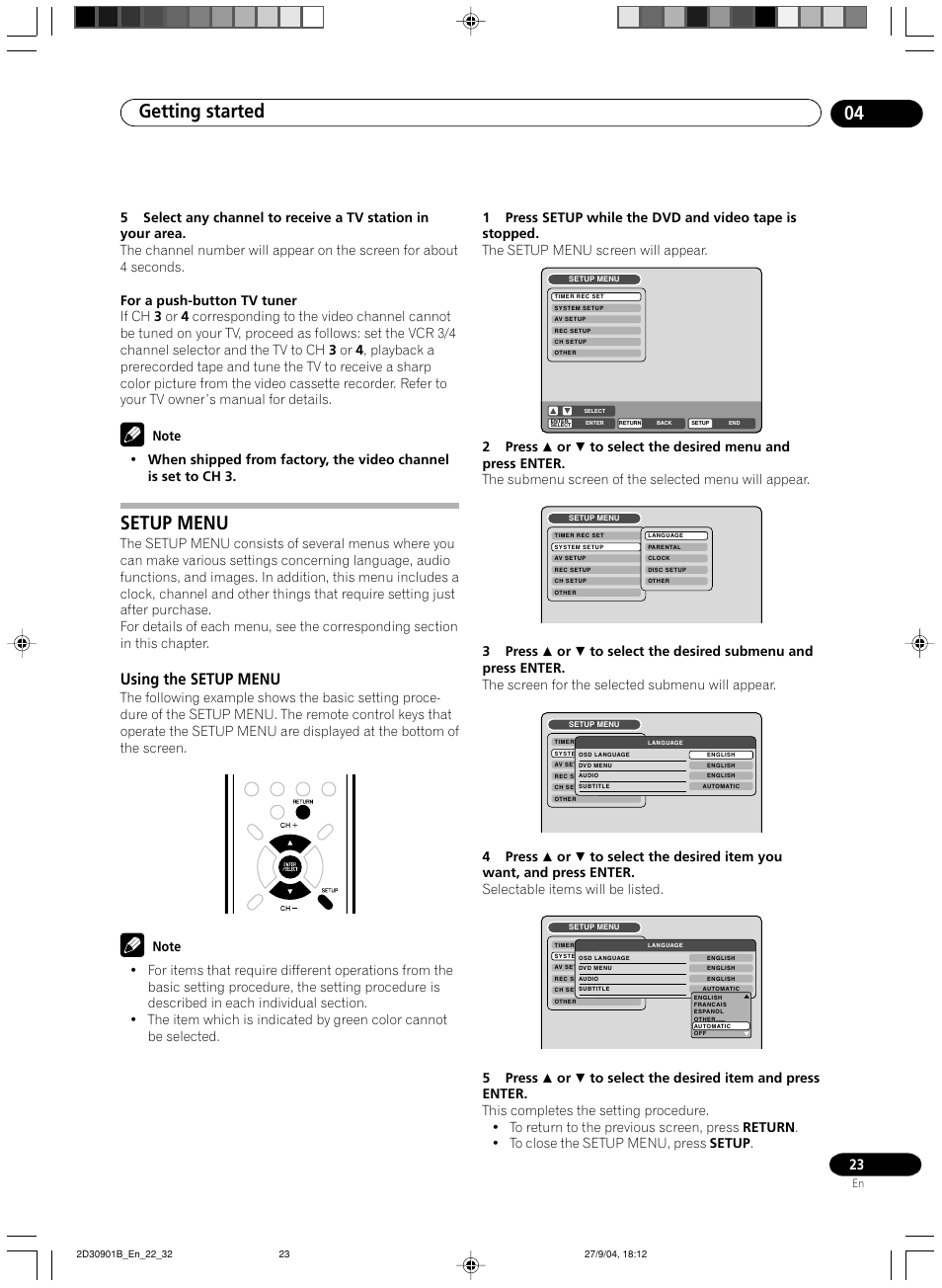 Setup menu, Using the setup menu, Getting started 04 | Pioneer dvr-rt500 User Manual | Page 23 / 91