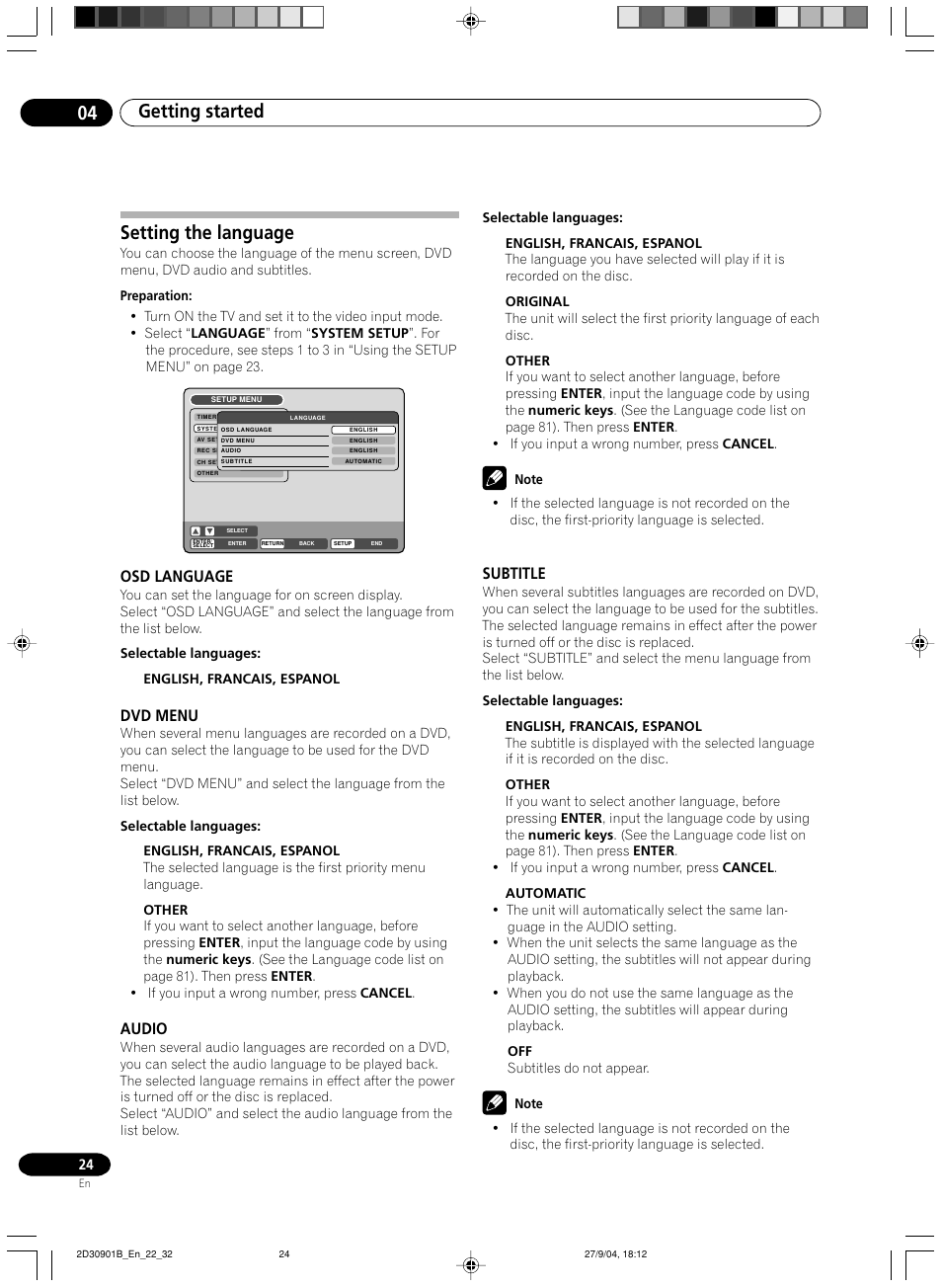 Setting the language, Osd language, Dvd menu | Audio, Subtitle, Getting started 04 | Pioneer dvr-rt500 User Manual | Page 24 / 91