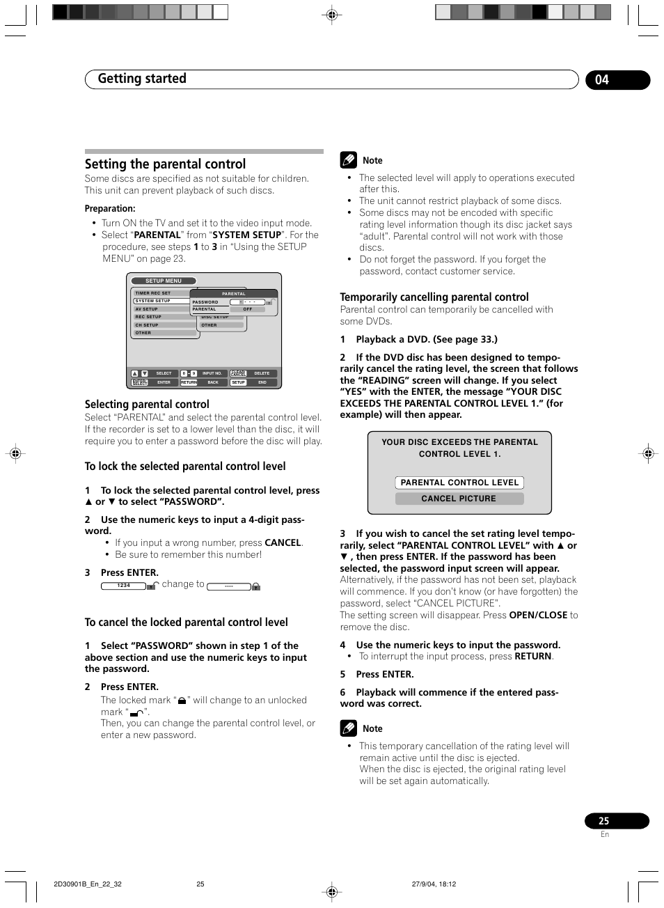Setting the parental control, Selecting parental control, Temporarily cancelling parental control | Getting started 04 | Pioneer dvr-rt500 User Manual | Page 25 / 91