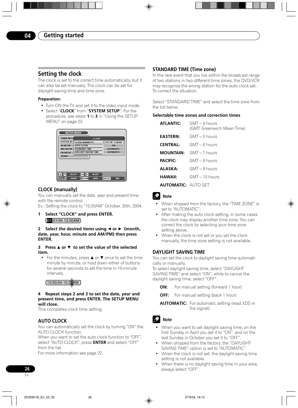 Setting the clock, Clock (manually), Auto clock | Standard time (time zone), Daylight saving time, Getting started 04 | Pioneer dvr-rt500 User Manual | Page 26 / 91