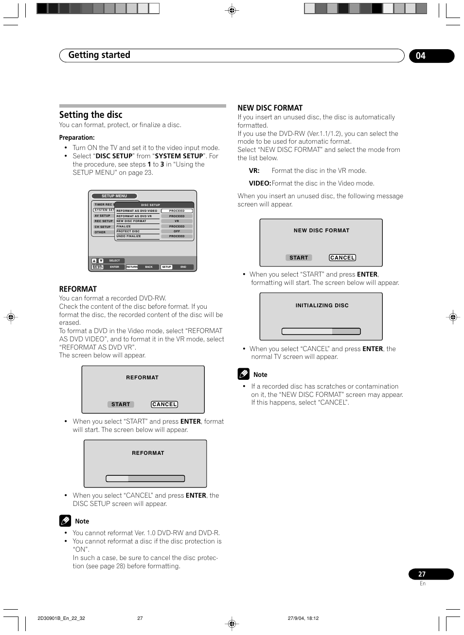 Setting the disc, Reformat, New disc format | Getting started 04 | Pioneer dvr-rt500 User Manual | Page 27 / 91