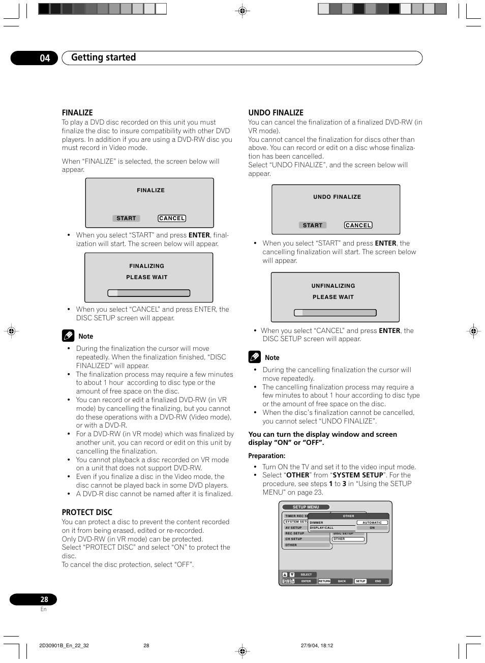 Undo finalize, Finalize, Protect disc | Getting started 04 | Pioneer dvr-rt500 User Manual | Page 28 / 91