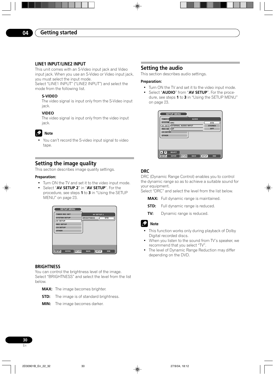 Line1 input / line2 input, Setting the image quality, Brightness | Setting the audio, Getting started 04, Line1 input/line2 input | Pioneer dvr-rt500 User Manual | Page 30 / 91