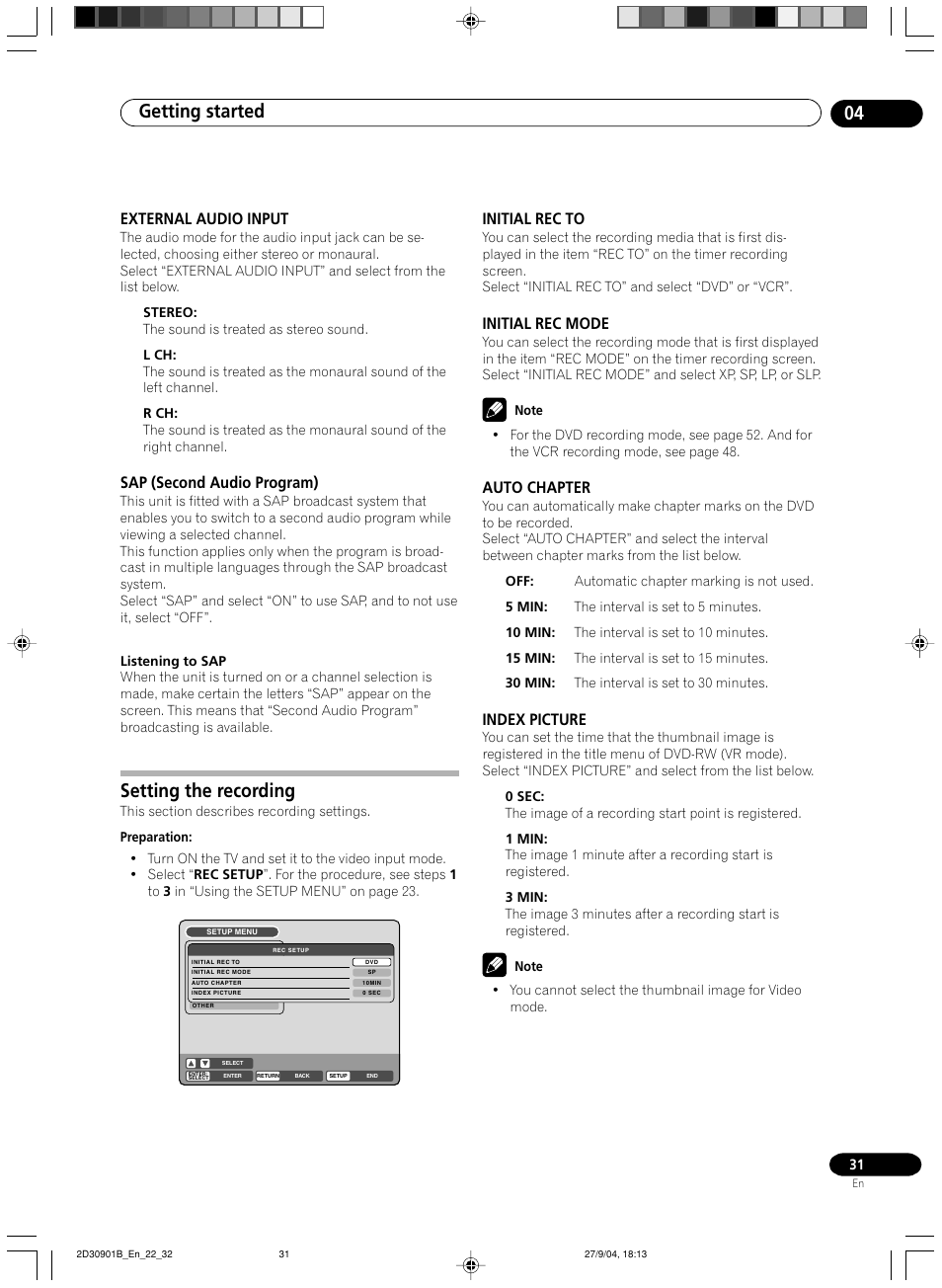 External audio input, Sap (second audio program), Setting the recording | Initial rec to, Initial rec mode, Auto chapter, Index picture, Getting started 04 | Pioneer dvr-rt500 User Manual | Page 31 / 91