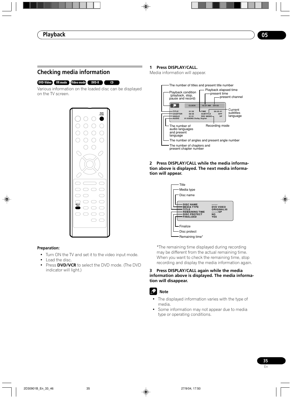 Checking media information, Playback 05 | Pioneer dvr-rt500 User Manual | Page 35 / 91