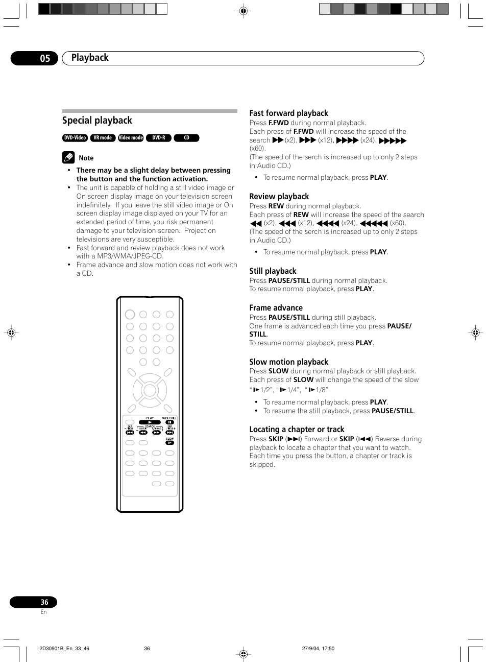 Special playback, Fast forward playback, Review playback | Still playback, Frame advance, Slow motion playback, Locating a chapter or track, Playback 05 | Pioneer dvr-rt500 User Manual | Page 36 / 91