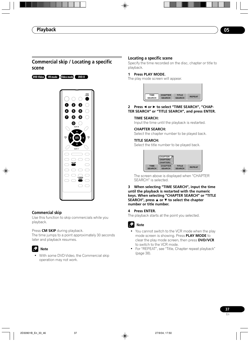Commercial skip / locating a specific scene, Playback 05, Commercial skip | Locating a specific scene | Pioneer dvr-rt500 User Manual | Page 37 / 91