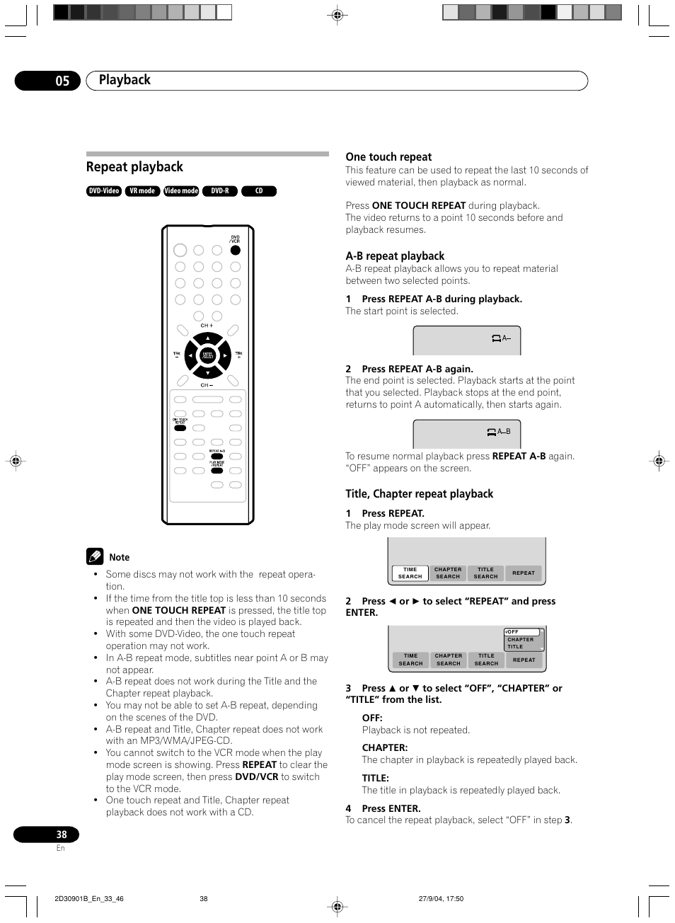 Repeat playback, One touch repeat, A-b repeat playback | Title, chapter repeat playback, Playback 05 | Pioneer dvr-rt500 User Manual | Page 38 / 91
