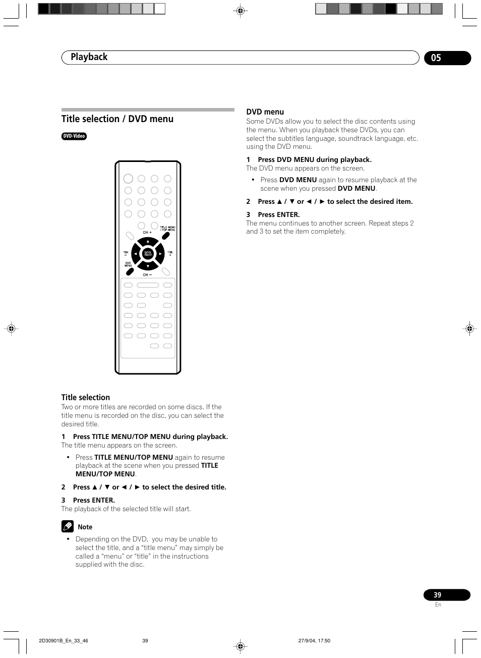 Title selection / dvd menu, Playback 05 | Pioneer dvr-rt500 User Manual | Page 39 / 91