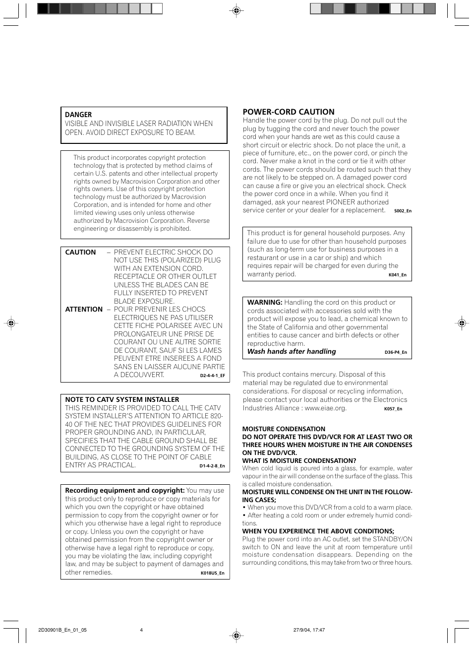 Power-cord caution | Pioneer dvr-rt500 User Manual | Page 4 / 91
