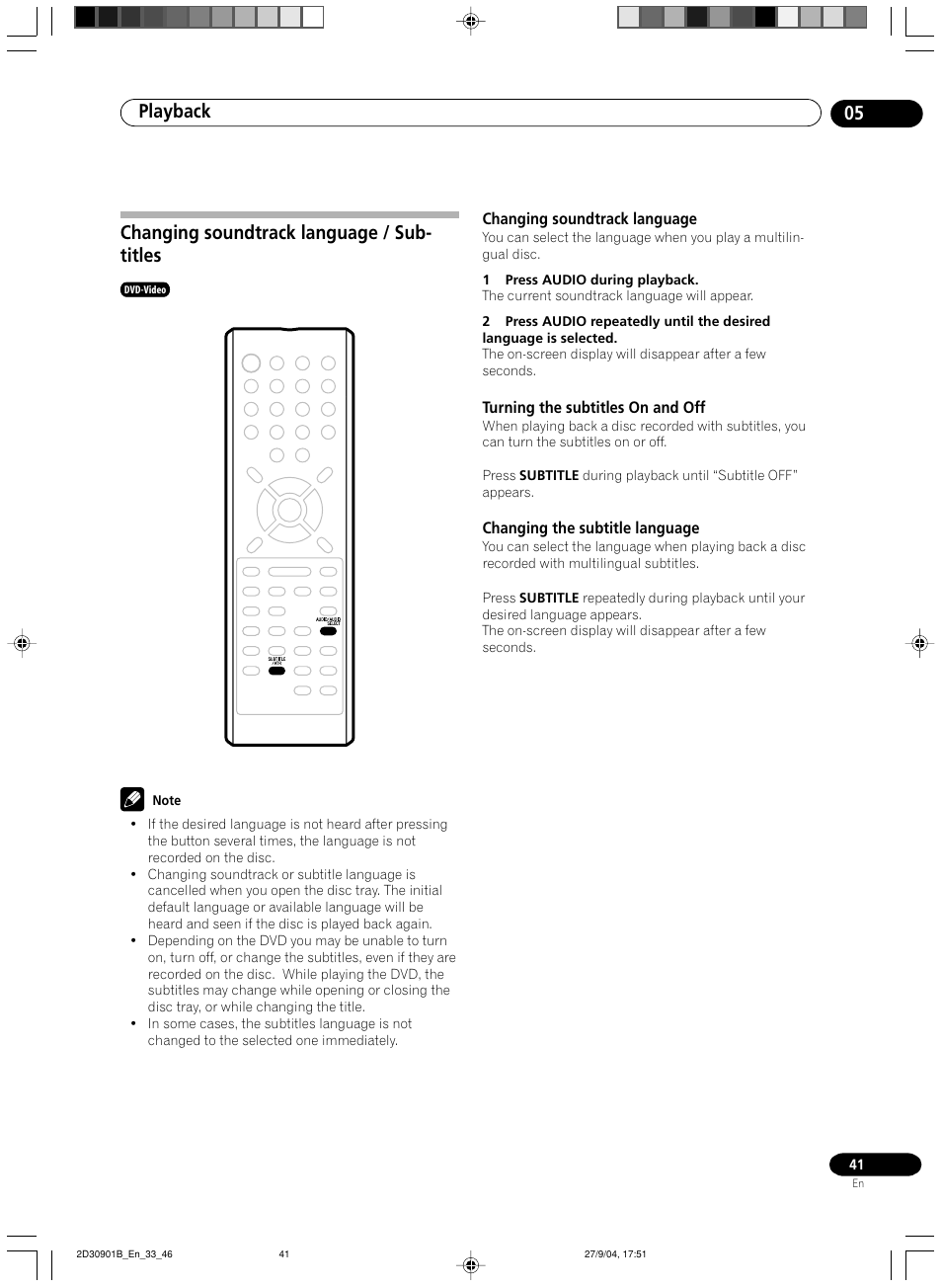 Changing soundtrack language, Changing the subtitle language, Playback 05 | Changing soundtrack language / sub- titles | Pioneer dvr-rt500 User Manual | Page 41 / 91