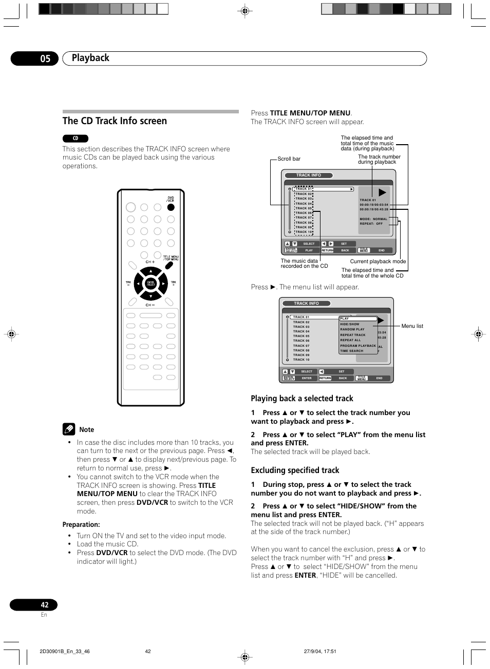 The cd track info screen, Playing back a selected track, Playback 05 | Excluding specified track, Press . the menu list will appear | Pioneer dvr-rt500 User Manual | Page 42 / 91