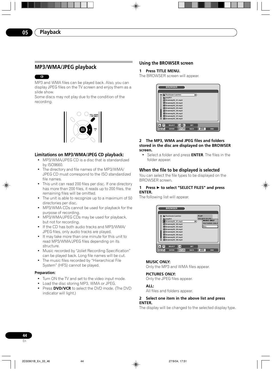 Mp3/wma*/jpeg playback, Using the browser screen, When the file to be displayed is selected | Playback 05, Mp3/wma/jpeg playback, Limitations on mp3/wma/jpeg cd playback, 1press title menu. the browser screen will appear | Pioneer dvr-rt500 User Manual | Page 44 / 91