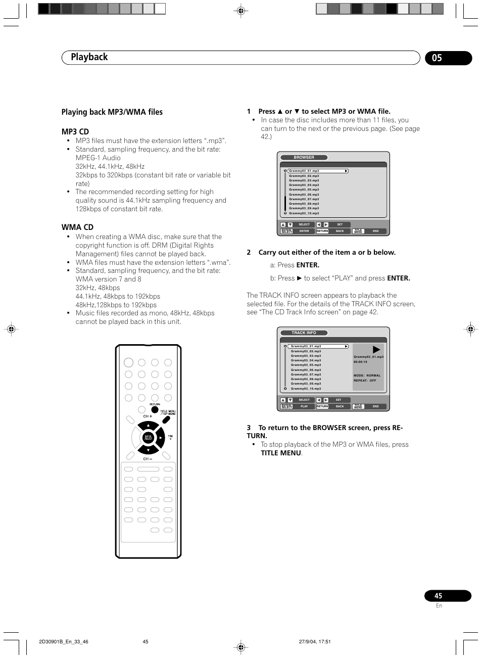 Playing back mp3/wma files, Playback 05, Playing back mp3/wma files mp3 cd | Wma cd | Pioneer dvr-rt500 User Manual | Page 45 / 91