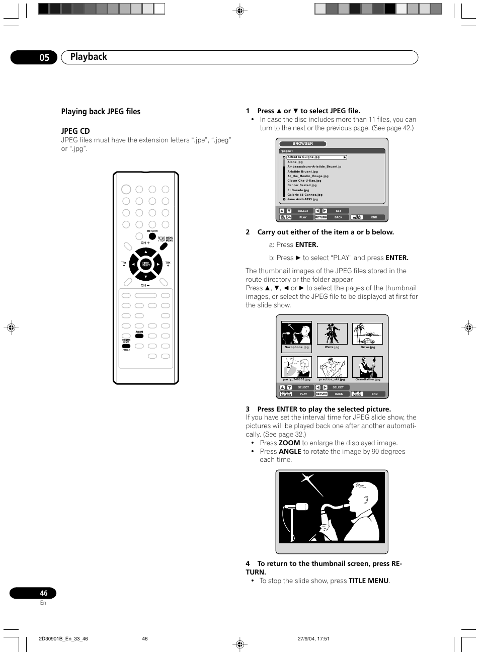 Playing back jpeg files, Playback 05, Playing back jpeg files jpeg cd | Pioneer dvr-rt500 User Manual | Page 46 / 91