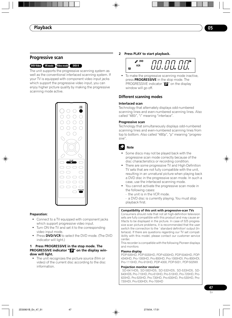 Progressive scan, Different scanning modes, Playback 05 | Pioneer dvr-rt500 User Manual | Page 47 / 91