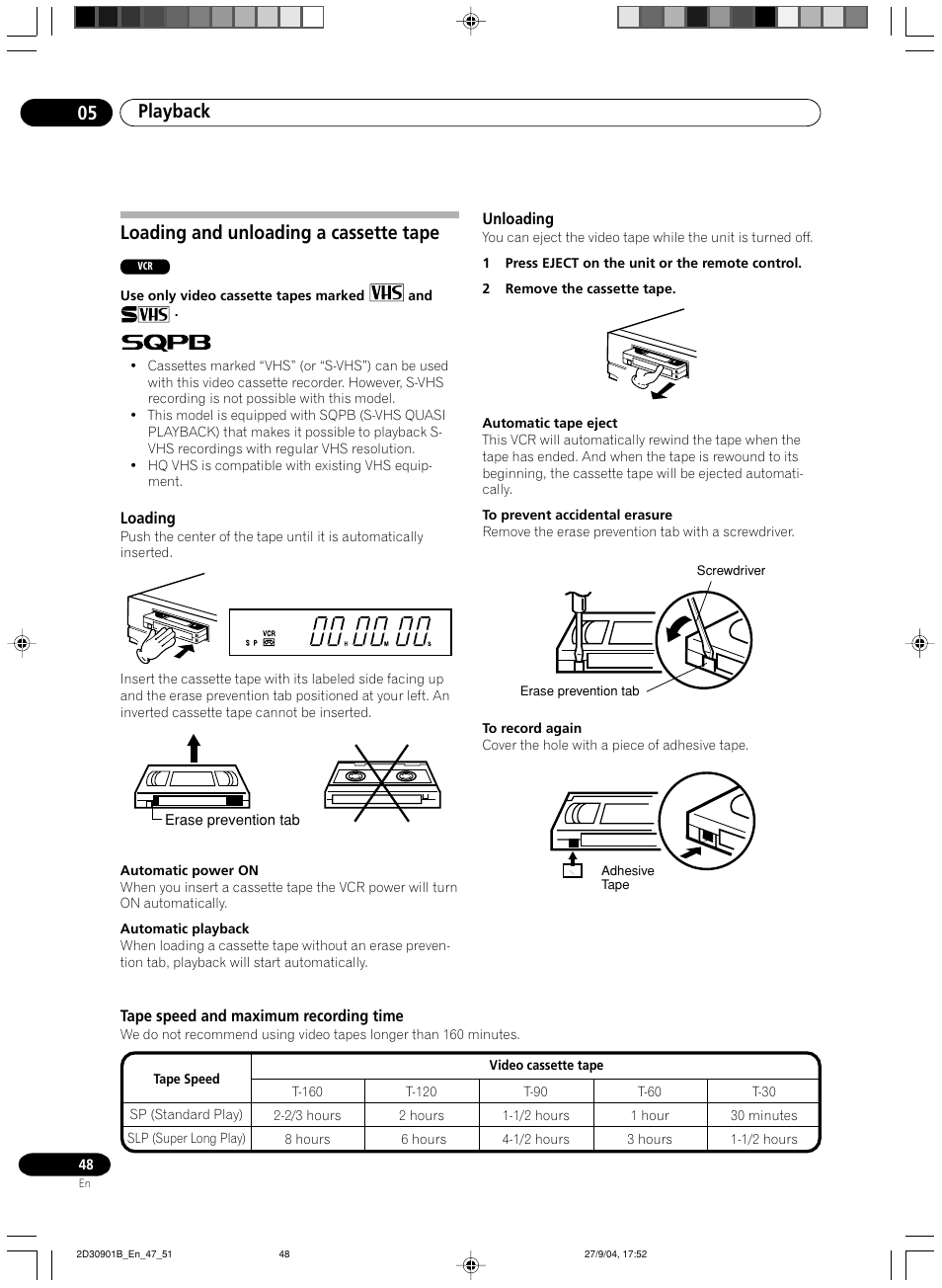 Loading and unloading a cassette tape, Loading, Unloading | Playback 05 | Pioneer dvr-rt500 User Manual | Page 48 / 91