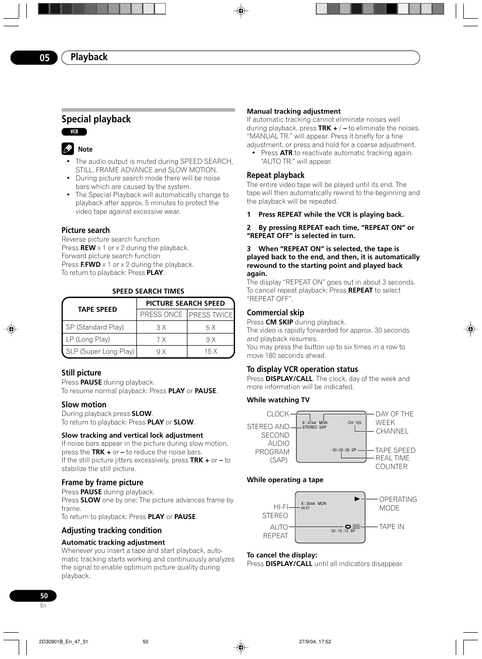 Special playback, Picture search, Still picture | Slow motion, Frame by frame picture, Adjusting tracking condition, Repeat playback, Commercial skip, To display vcr operation status, Playback 05 | Pioneer dvr-rt500 User Manual | Page 50 / 91