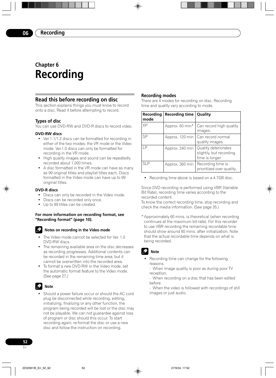 06 recording, Read this before recording on disc, Recording | Recording 06, Chapter 6 | Pioneer dvr-rt500 User Manual | Page 52 / 91
