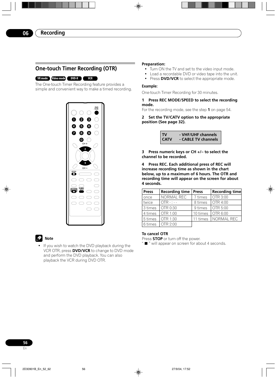 One-touch timer recording (otr), Recording 06 | Pioneer dvr-rt500 User Manual | Page 56 / 91