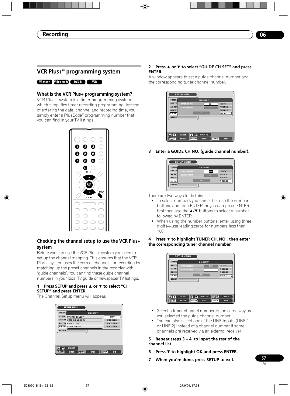 Vcr plus, Programming system, Recording 06 | What is the vcr plus+ programming system, 3enter a guide ch no. (guide channel number) | Pioneer dvr-rt500 User Manual | Page 57 / 91