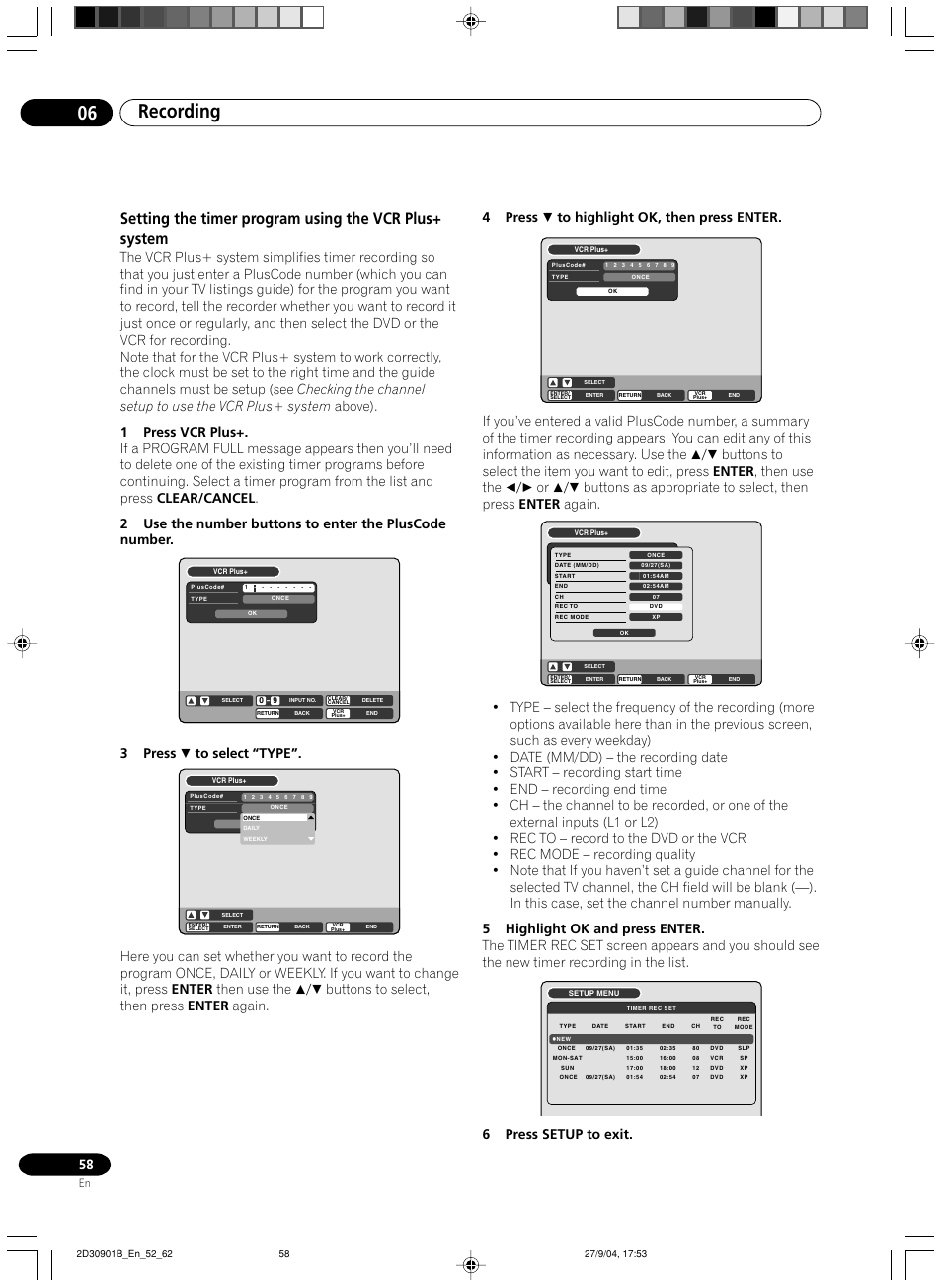 Recording 06, 3press to select “type, 6press setup to exit | Pioneer dvr-rt500 User Manual | Page 58 / 91