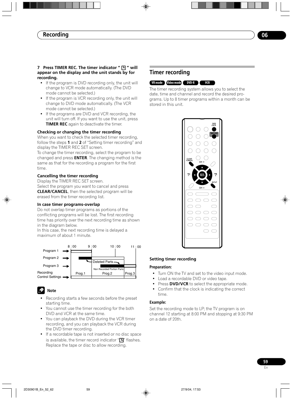 Timer recording, Recording 06 | Pioneer dvr-rt500 User Manual | Page 59 / 91