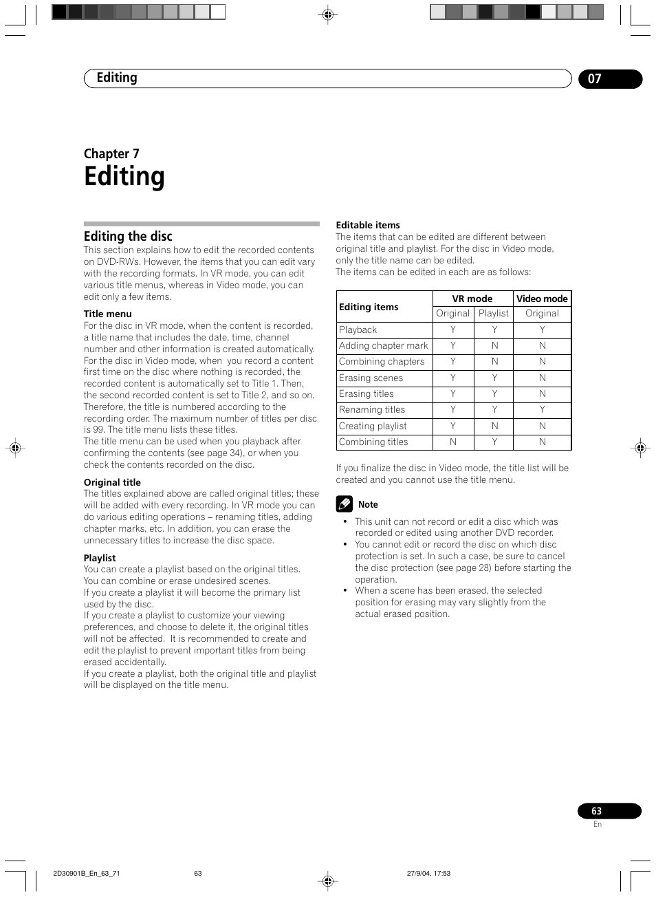 07 editing, Editing the disc, Editing | Editing 07, Chapter 7 | Pioneer dvr-rt500 User Manual | Page 63 / 91