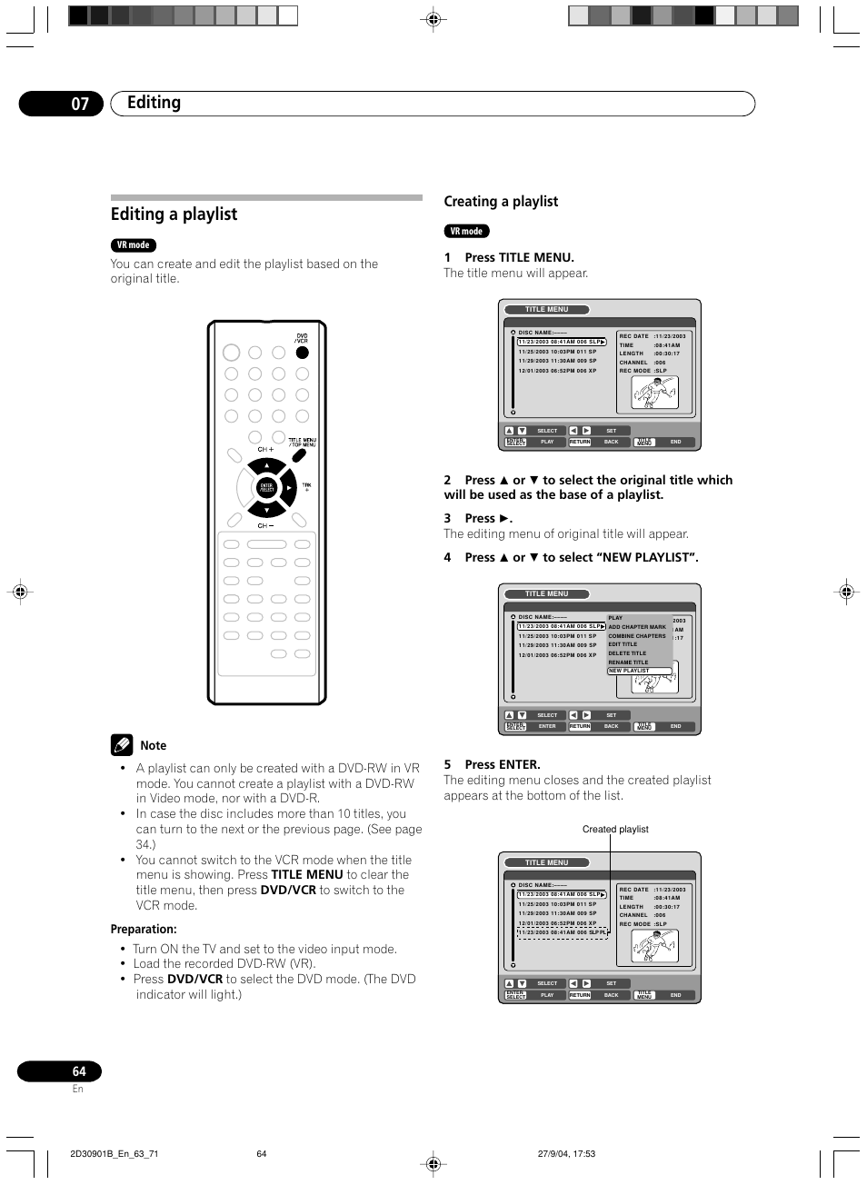 Editing a playlist, Creating a playlist, Editing 07 | 1press title menu. the title menu will appear | Pioneer dvr-rt500 User Manual | Page 64 / 91