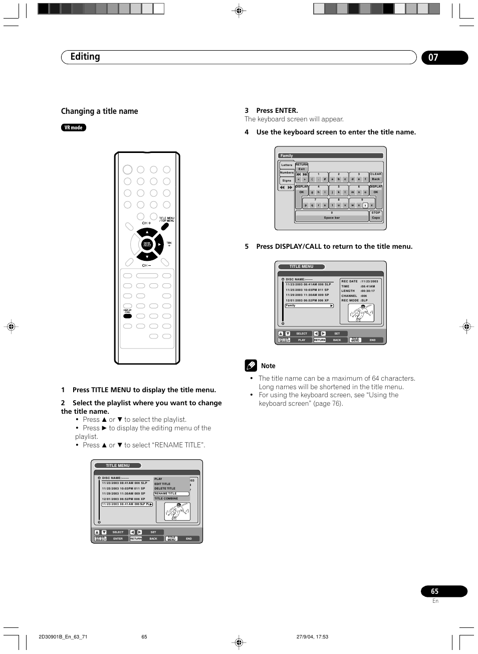 Changing a title name, Editing 07, 5press display/call to return to the title menu | Vr mode | Pioneer dvr-rt500 User Manual | Page 65 / 91