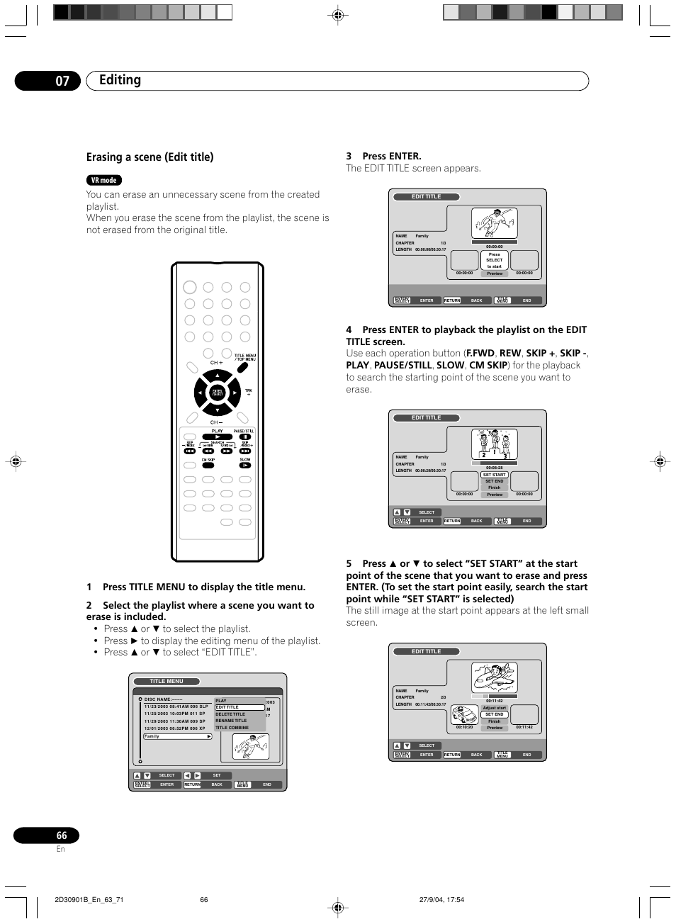 Erasing a scene (edit title), Editing 07, 3press enter. the edit title screen appears | Vr mode | Pioneer dvr-rt500 User Manual | Page 66 / 91