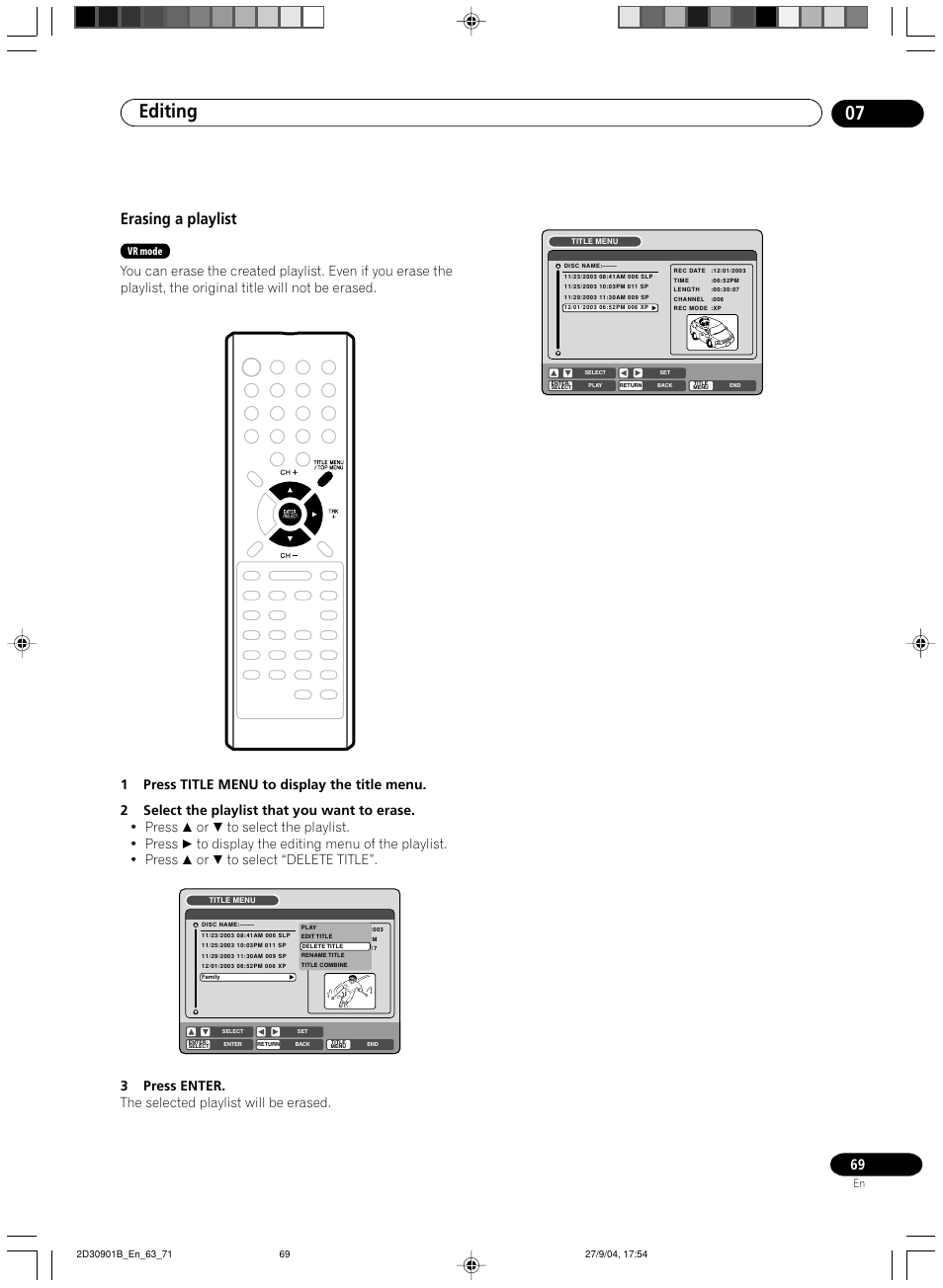 Erasing a playlist, Editing 07, 3press enter. the selected playlist will be erased | Vr mode | Pioneer dvr-rt500 User Manual | Page 69 / 91