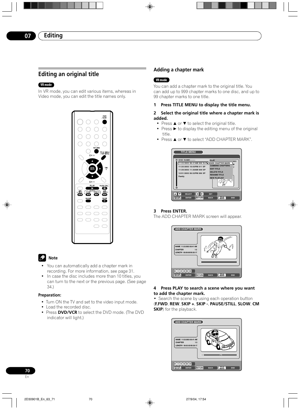 Editing an original title, Adding a chapter mark, Editing 07 | Pioneer dvr-rt500 User Manual | Page 70 / 91