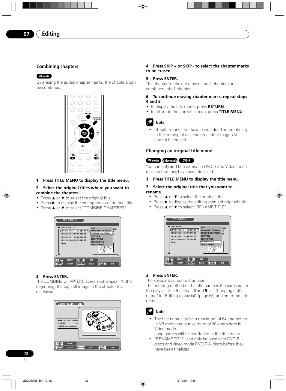 Combining chapters, Changing an original title name, Editing 07 | Pioneer dvr-rt500 User Manual | Page 72 / 91