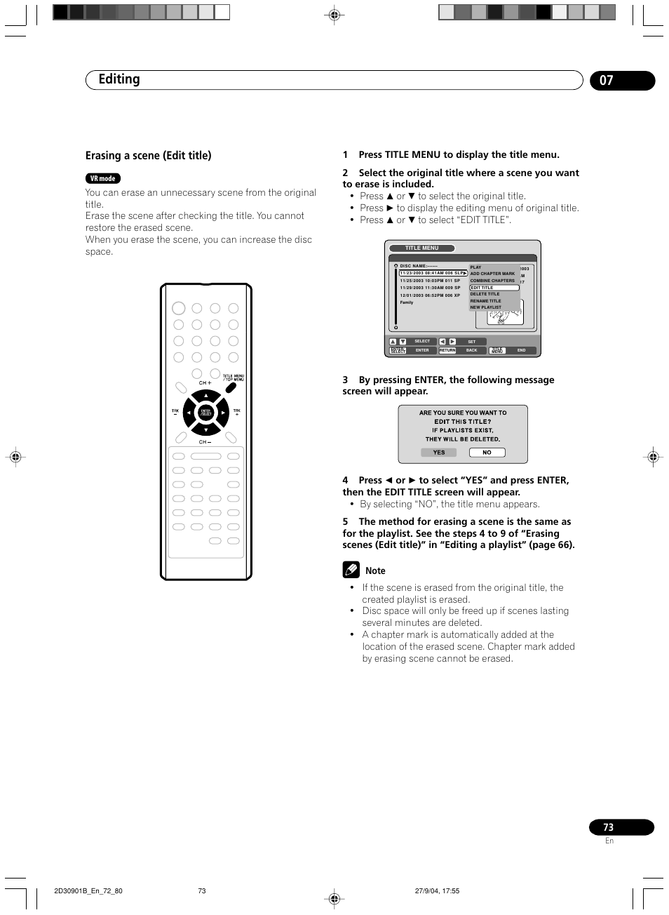 Erasing a scene (edit title), Editing 07 | Pioneer dvr-rt500 User Manual | Page 73 / 91