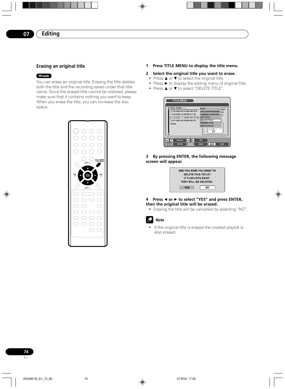 Erasing an original title, Editing 07 | Pioneer dvr-rt500 User Manual | Page 74 / 91