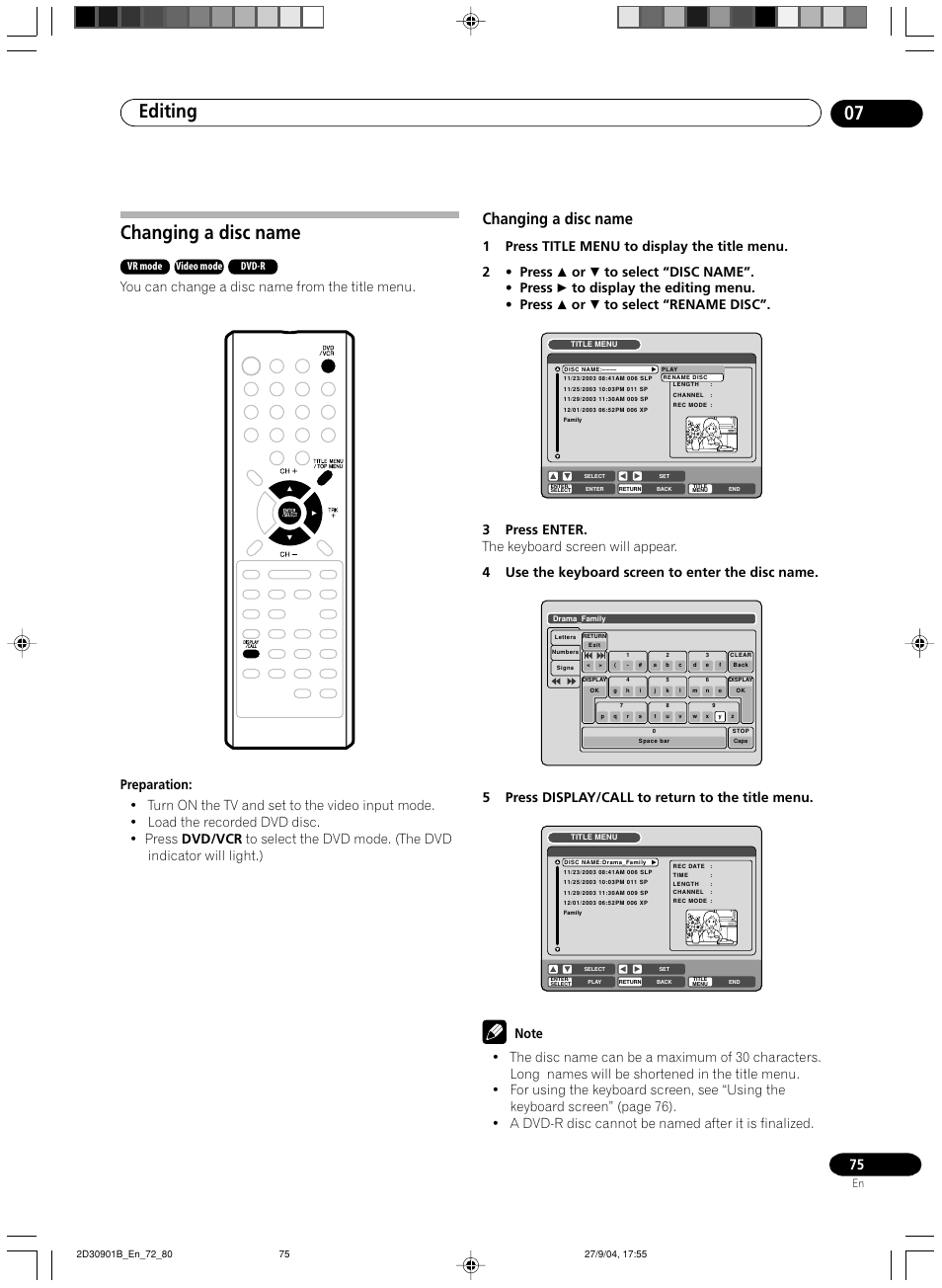 Changing a disc name, Editing 07, 5press display/call to return to the title menu | Vr mode, Video mode, Dvd-r | Pioneer dvr-rt500 User Manual | Page 75 / 91