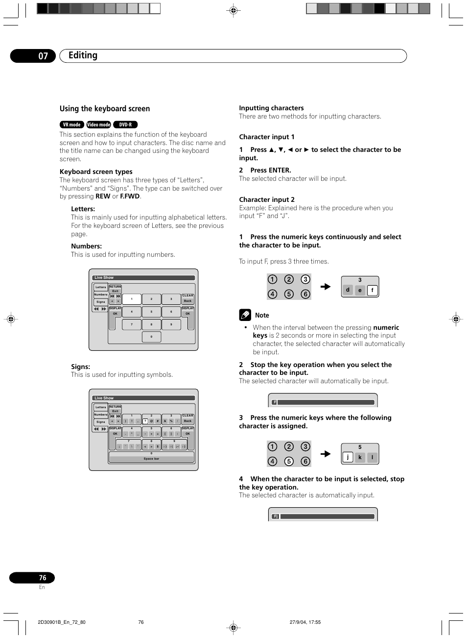 Using the keyboard screen, Editing 07, Signs: this is used for inputting symbols | Pioneer dvr-rt500 User Manual | Page 76 / 91