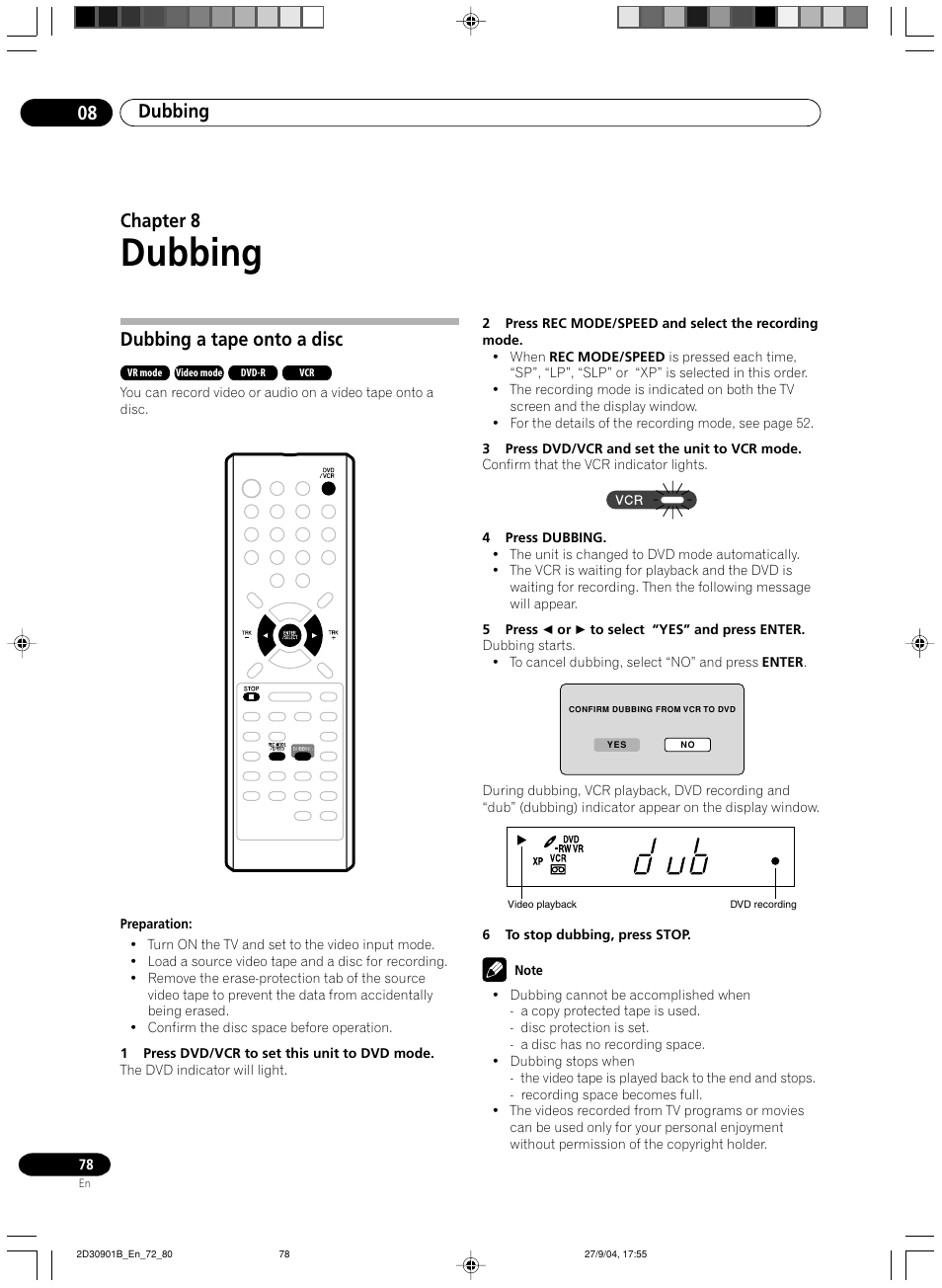 08 dubbing, Dubbing a tape onto a disc, Dubbing | Dubbing 08, Chapter 8 | Pioneer dvr-rt500 User Manual | Page 78 / 91