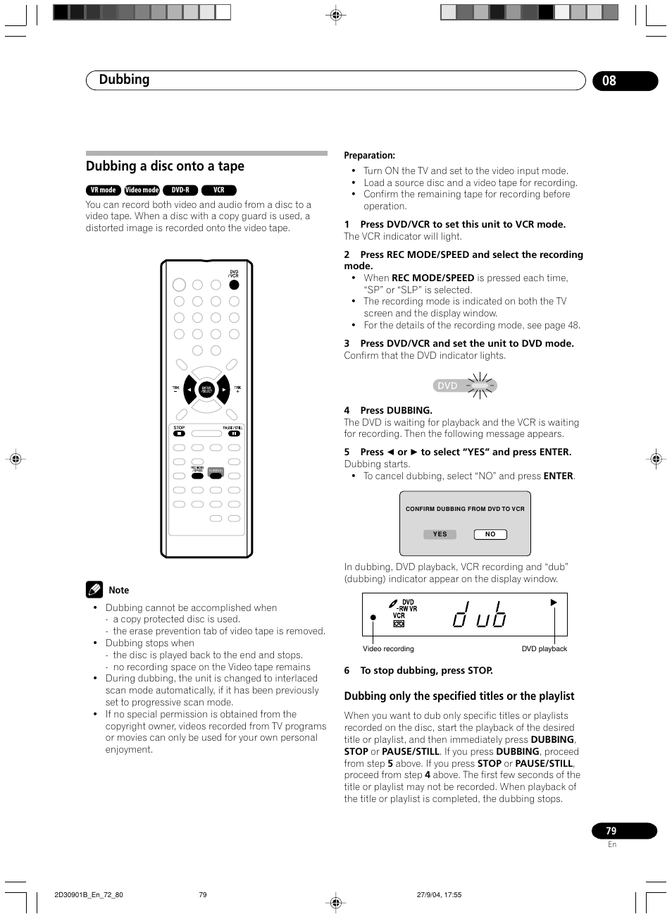 Dubbing a disc onto a tape, Dubbing only the specified titles or the playlist, Dubbing 08 | Pioneer dvr-rt500 User Manual | Page 79 / 91