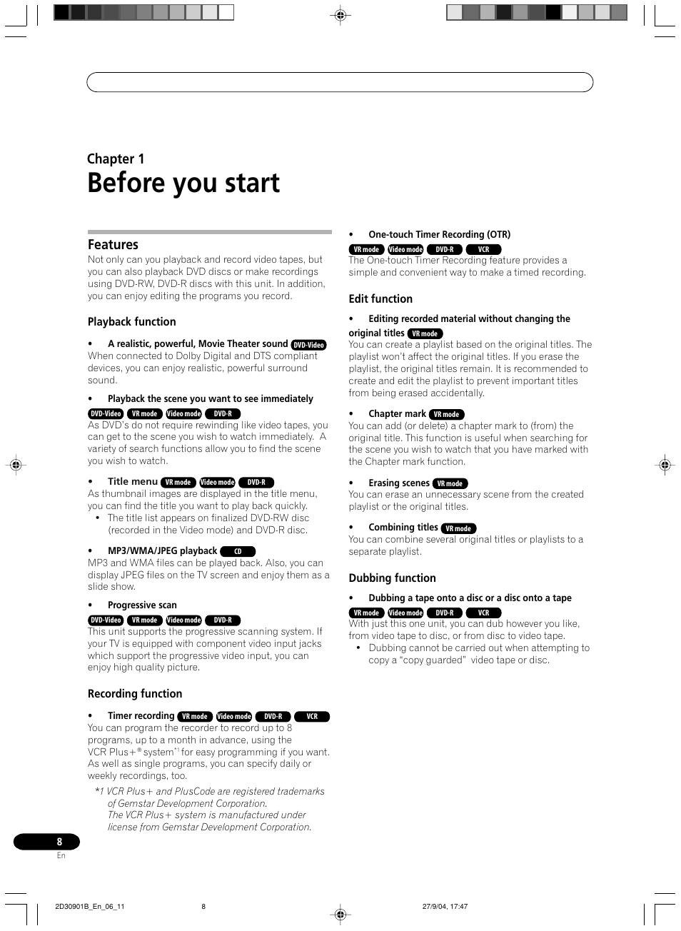 01 before you start, Features, Before you start | Chapter 1 | Pioneer dvr-rt500 User Manual | Page 8 / 91