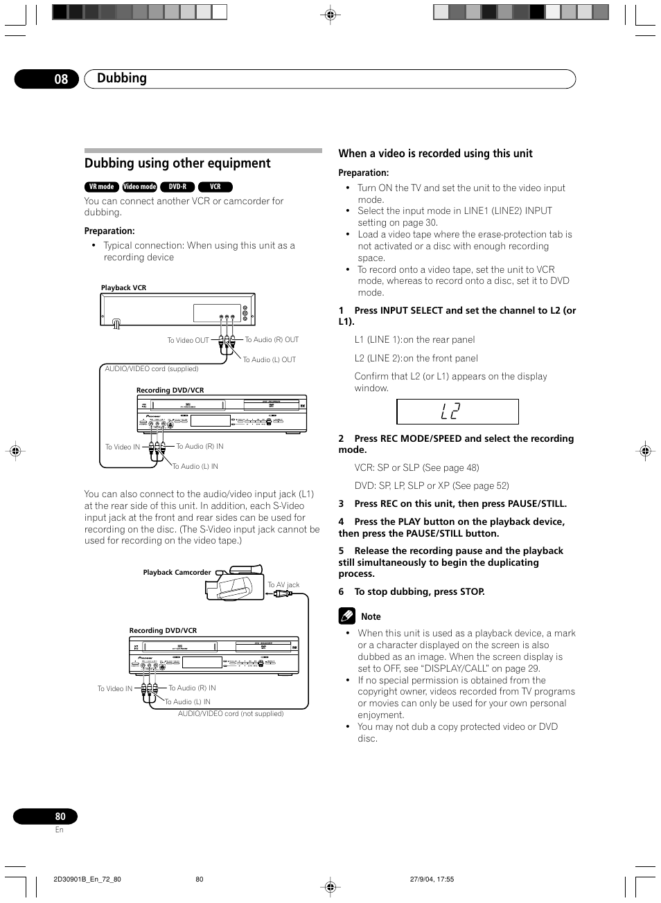 Dubbing using other equipment, When a video is recorded using this unit, Dubbing 08 | Pioneer dvr-rt500 User Manual | Page 80 / 91