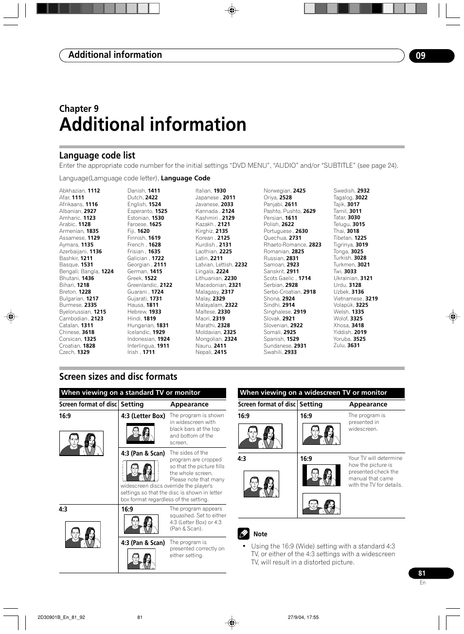 09 additional information, Language code list, Screen sizes and disc formats | Additional information, Additional information 09, Chapter 9 | Pioneer dvr-rt500 User Manual | Page 81 / 91