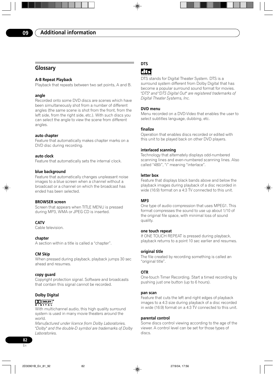 Glossary, Additional information 09 | Pioneer dvr-rt500 User Manual | Page 82 / 91