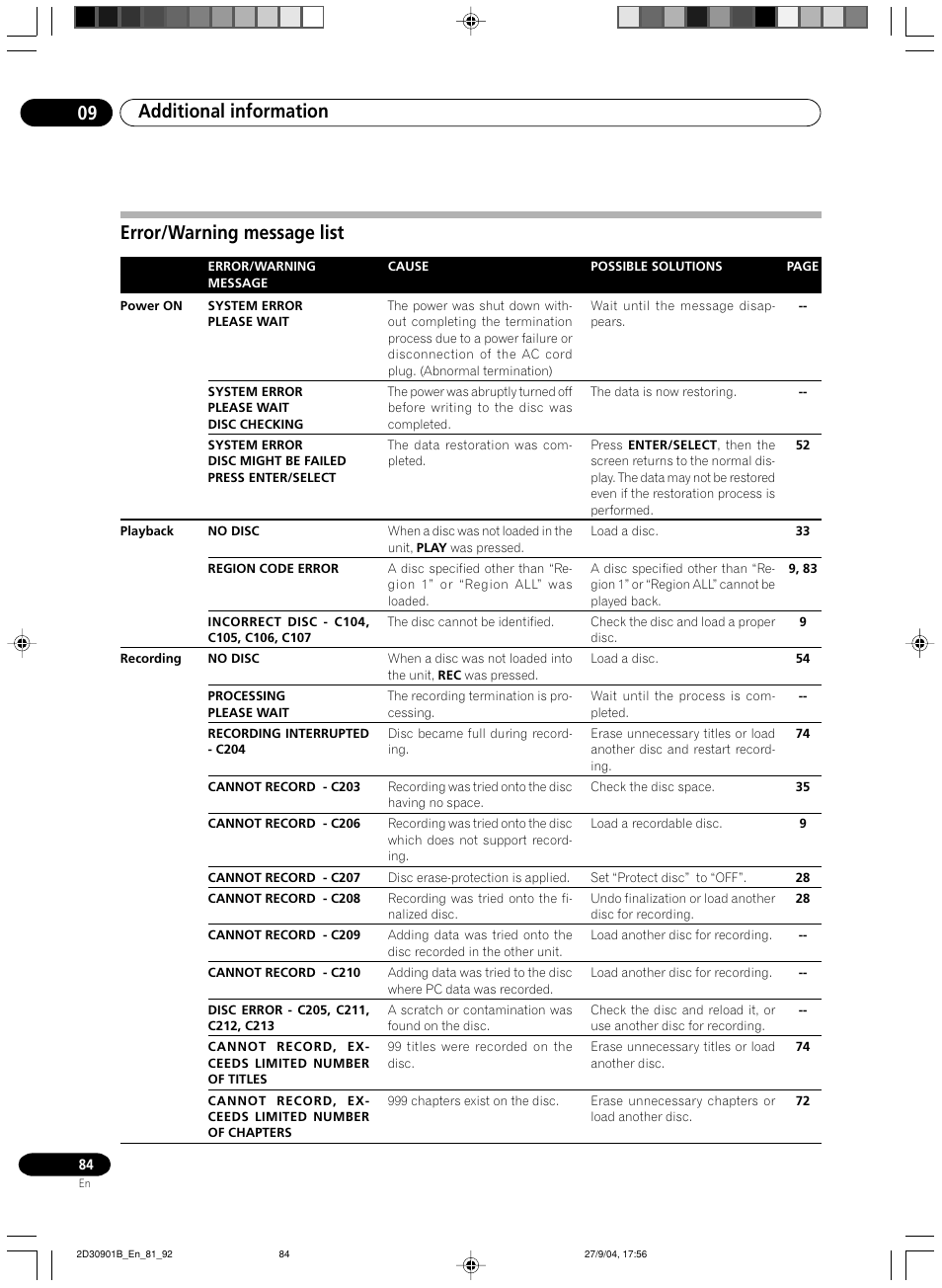 Error/warning message list, Additional information 09 | Pioneer dvr-rt500 User Manual | Page 84 / 91