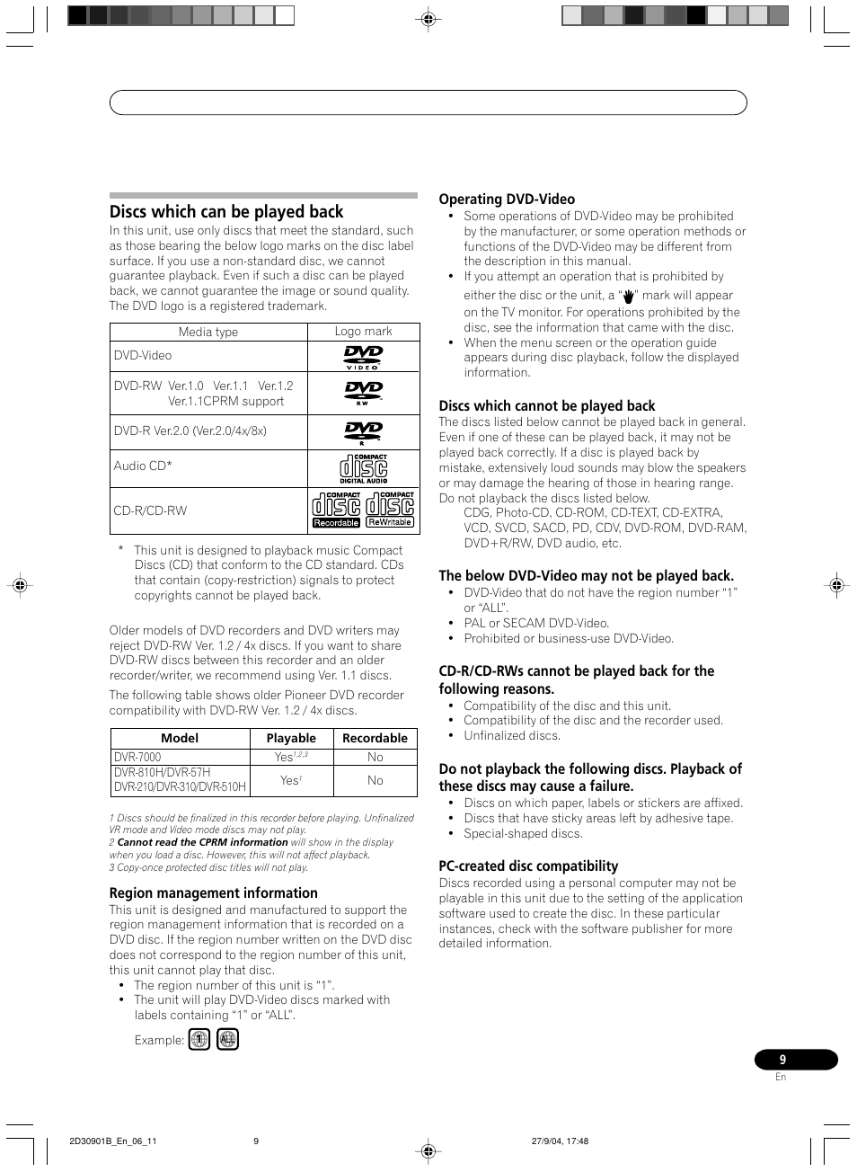 Discs which can be played back | Pioneer dvr-rt500 User Manual | Page 9 / 91