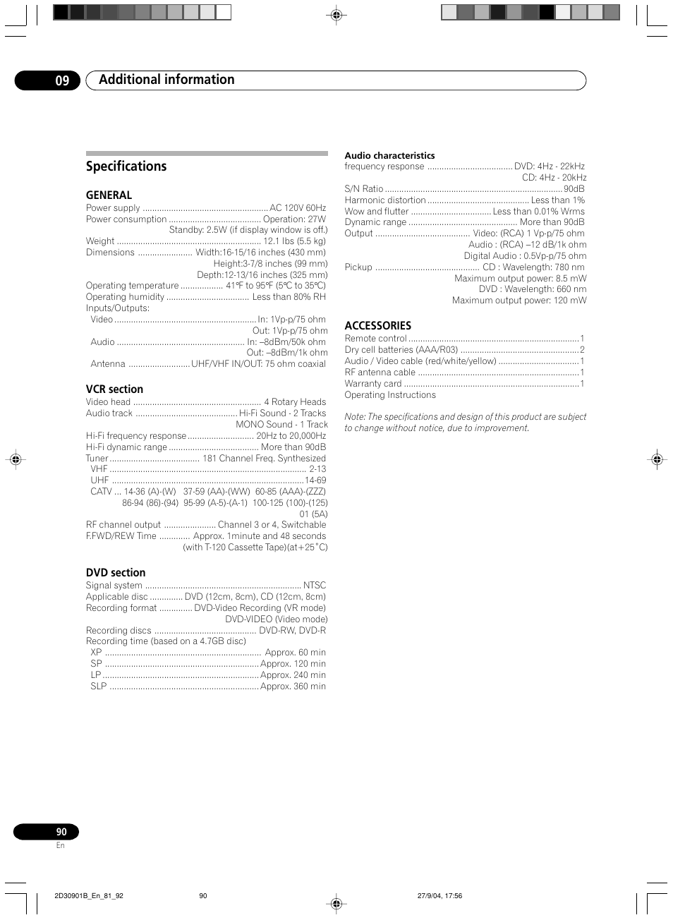 Specifications, Additional information 09 | Pioneer dvr-rt500 User Manual | Page 90 / 91