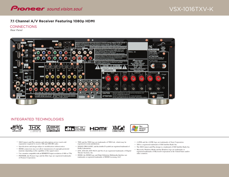 Vsx-1016txv-k, Integrated technologies | Pioneer 00012562810911 User Manual | Page 2 / 2