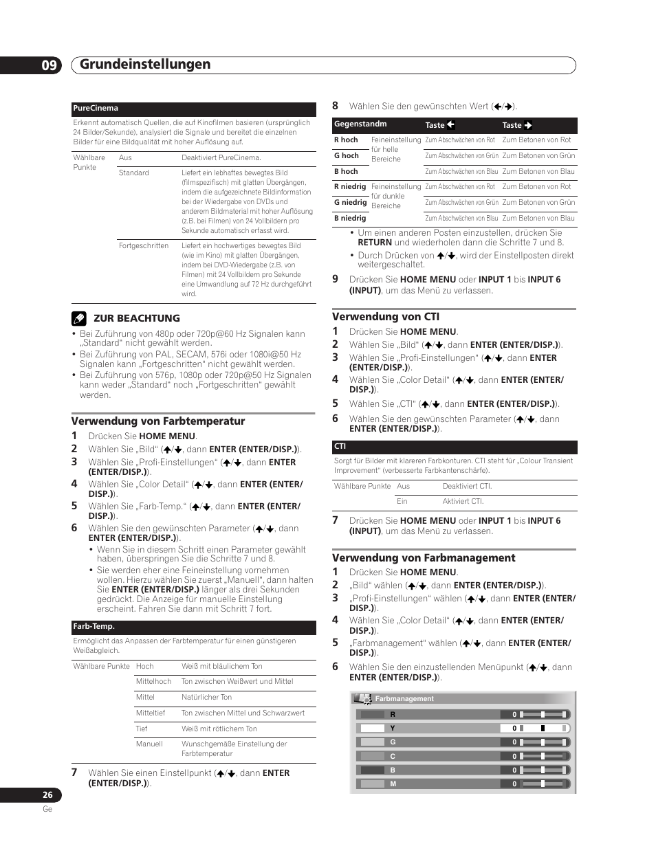 Grundeinstellungen 09, Verwendung von farbtemperatur 1, Verwendung von cti 1 | Verwendung von farbmanagement 1 | Pioneer PDP-5000EX User Manual | Page 102 / 230