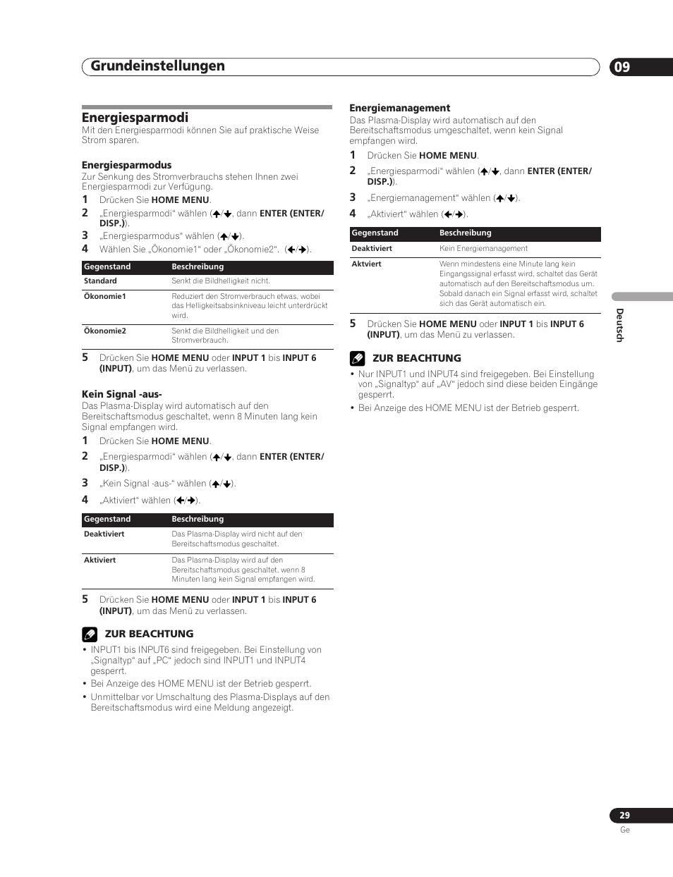 Energiesparmodi, Grundeinstellungen 09 | Pioneer PDP-5000EX User Manual | Page 105 / 230